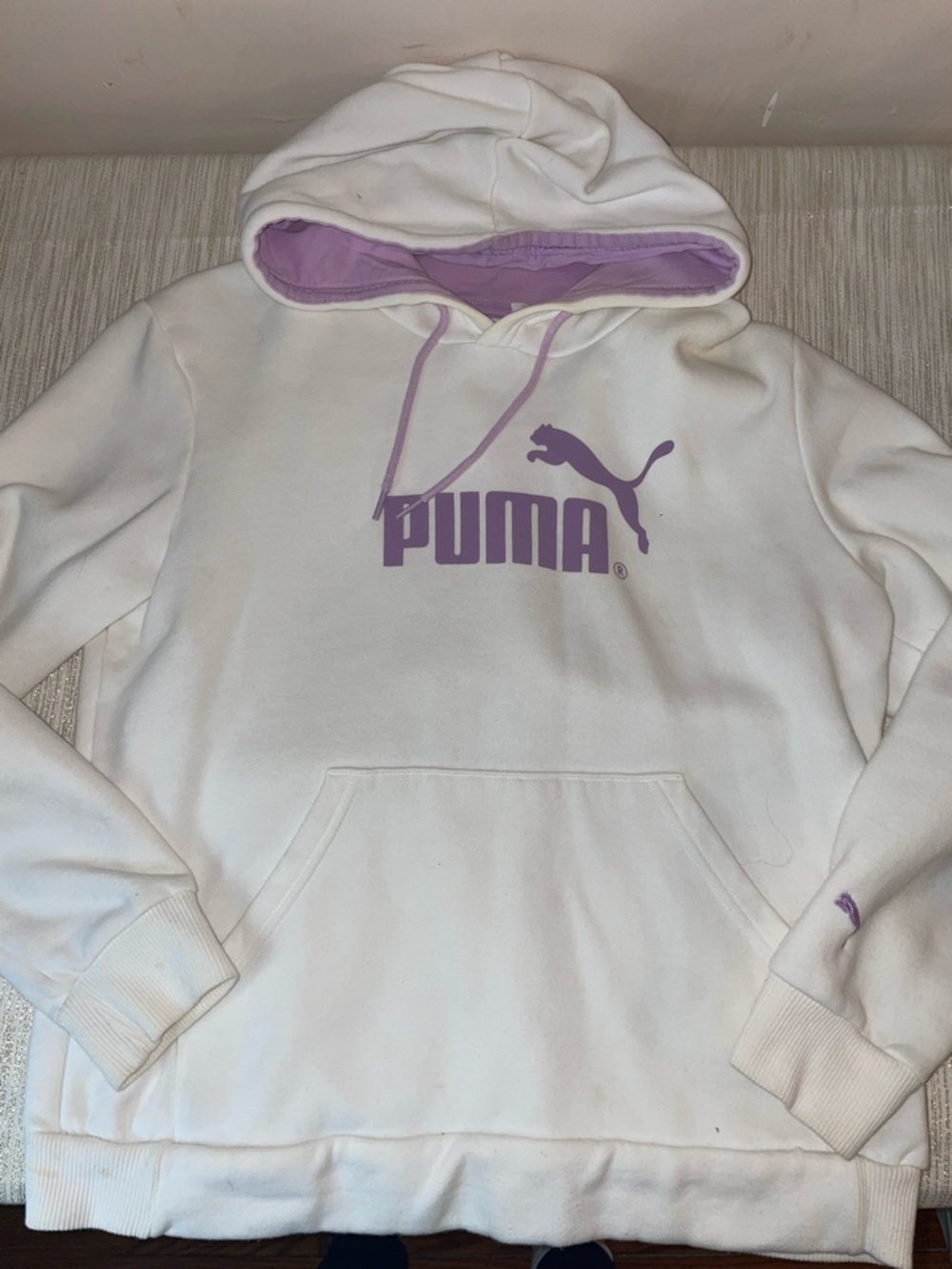 Puma White Hoodie with Lilac Logo and Lining